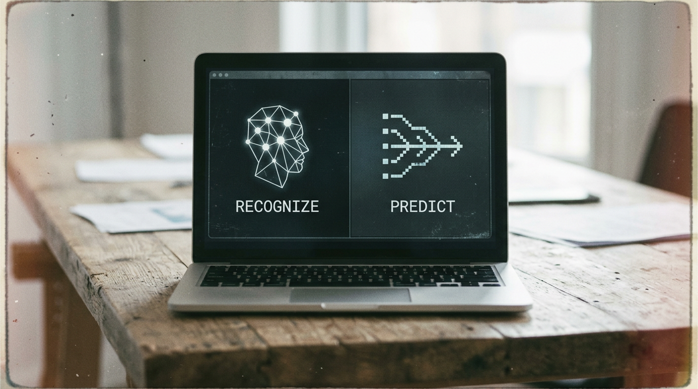 Laptop screen showing digital head with nodes and network labeled Recognize, and arrow-shaped network labeled Predict