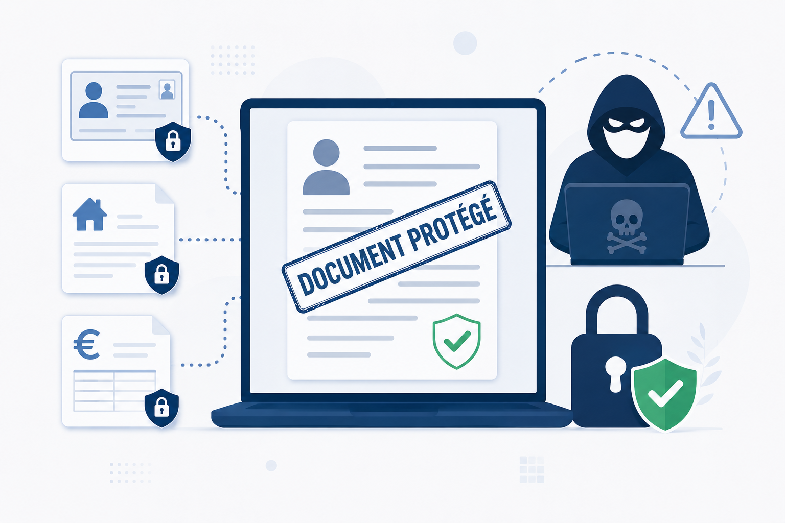 Illustration montrant un ordinateur portable affichant un document personnel estampillé 'Document protégé', entouré de trois documents sécurisés (pièce d'identité, justificatif de domicile, relevé bancaire) et d'un cybercriminel bloqué par un cadenas et un bouclier vert.