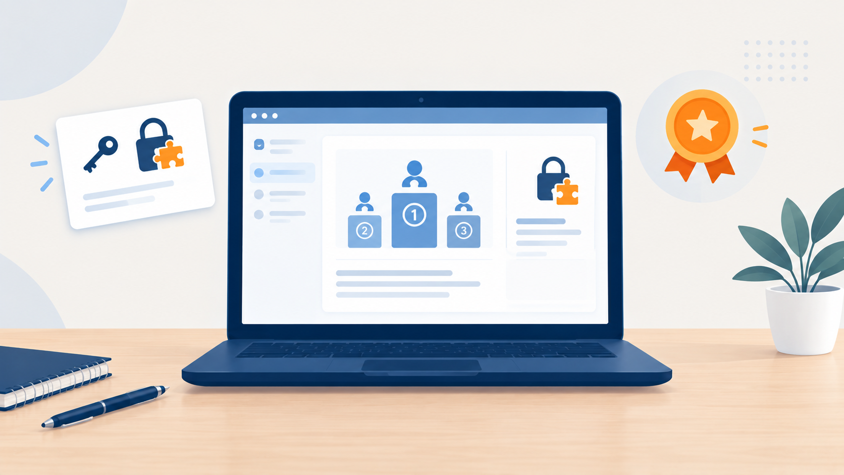 Ordinateur portable affichant une interface de compétition de cybersécurité avec un podium de trois participants et un cadenas en forme de casse-tête, entouré d’une carte avec une clé et un cadenas à gauche et d’une médaille orange à droite.